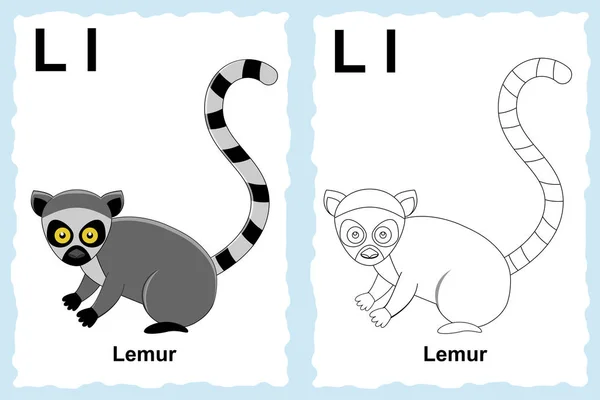 Page de livre de coloriage alphabet avec clip art de contour à la couleur. Lettre L. Lemur . — Image vectorielle