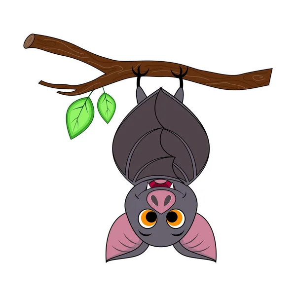 Cute cartoon Halloween bat hanging on tree. — Stock Vector