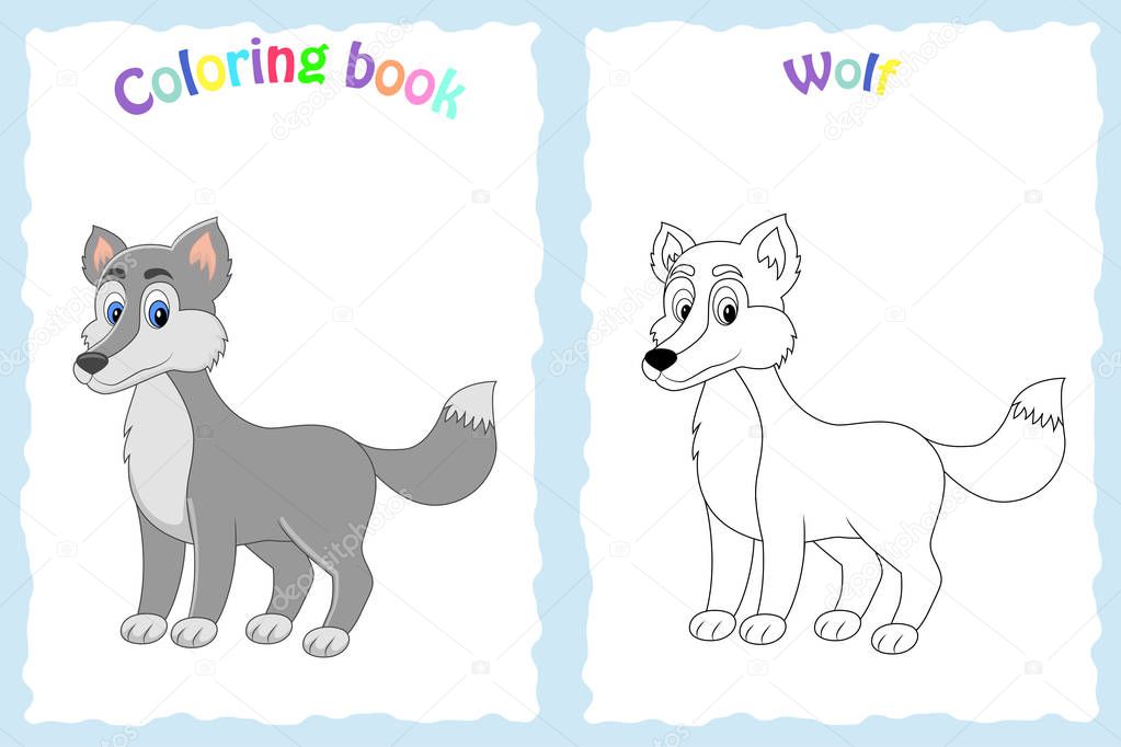 Coloring book page for preschool children with colorful wolf