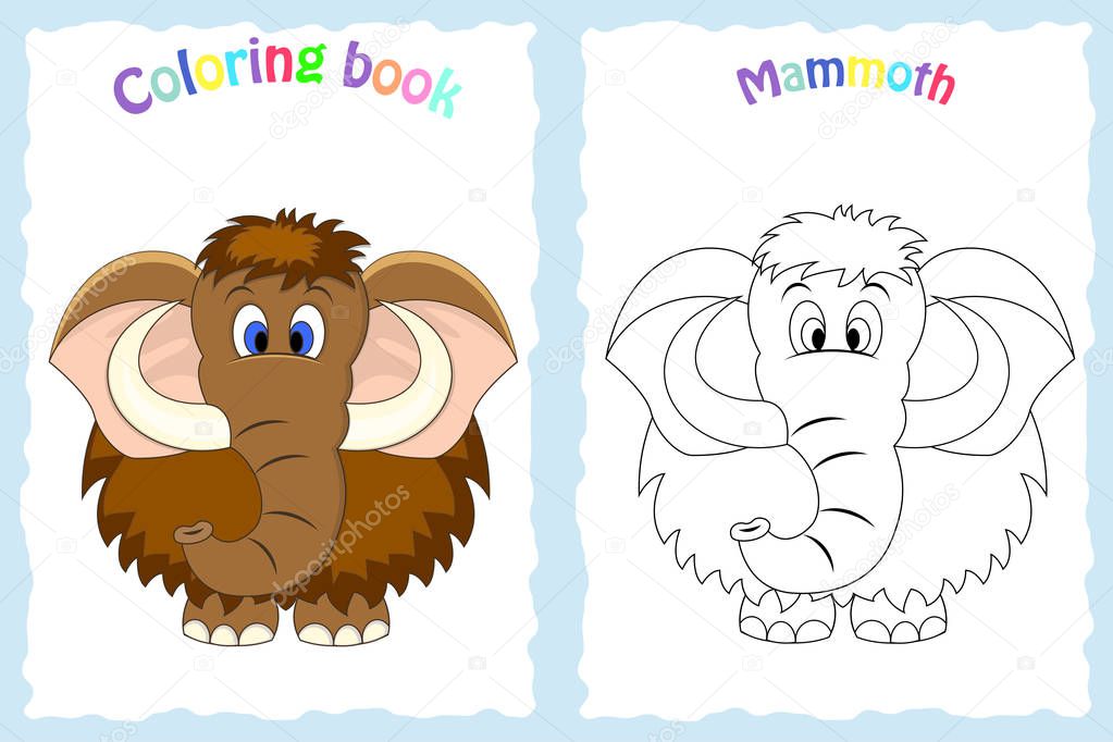 Coloring book page for preschool children with colorful mammoth and sketch to color.