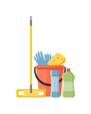 Düz çizgi film tarzı vektör çizim isol temizlik malzemeleri