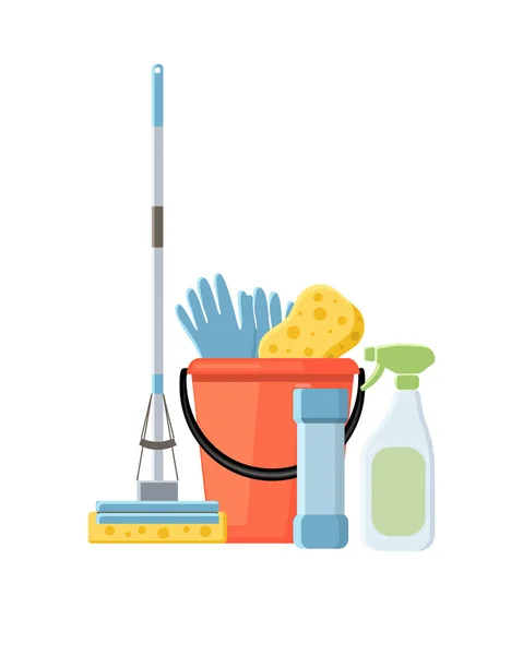 Cleaning supplies in flat cartoon style vector illustration isol — Stock Vector