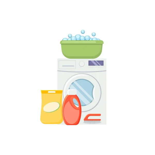 Laundry service elements. Washind machine, detergerns and basin — Stock Vector