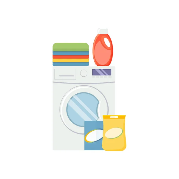 Elementos de servicio de lavandería. Lavadora, detergentes y ropa — Archivo Imágenes Vectoriales