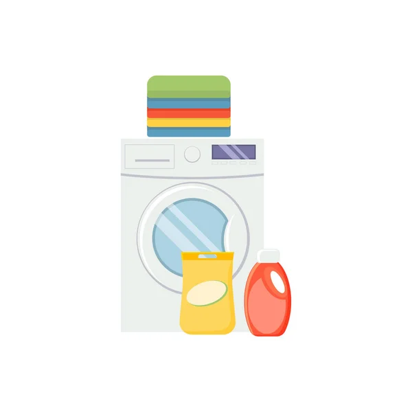 Elementos de serviço de lavandaria. Máquina de lavar roupa, detergentes e roupas — Vetor de Stock