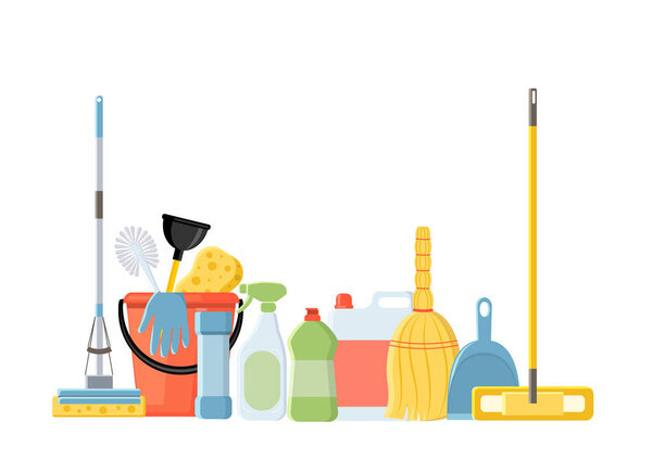 Cleaning tools in flat cartoon style vector illustration isolate