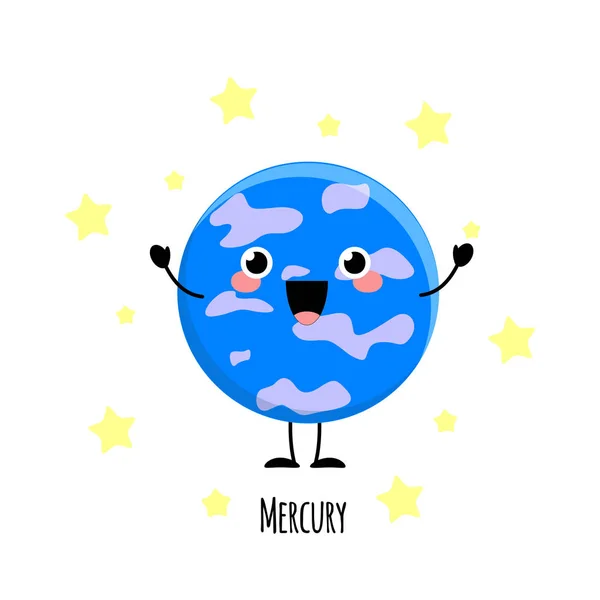 Lindo planeta Mercurio kawaii caracteres vector ilustración isol — Vector de stock