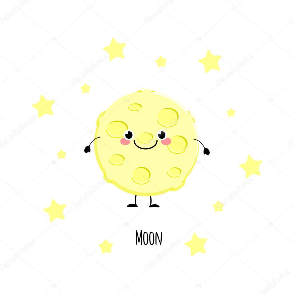 Cute moon kawaii characters vector illustration isolated on whit