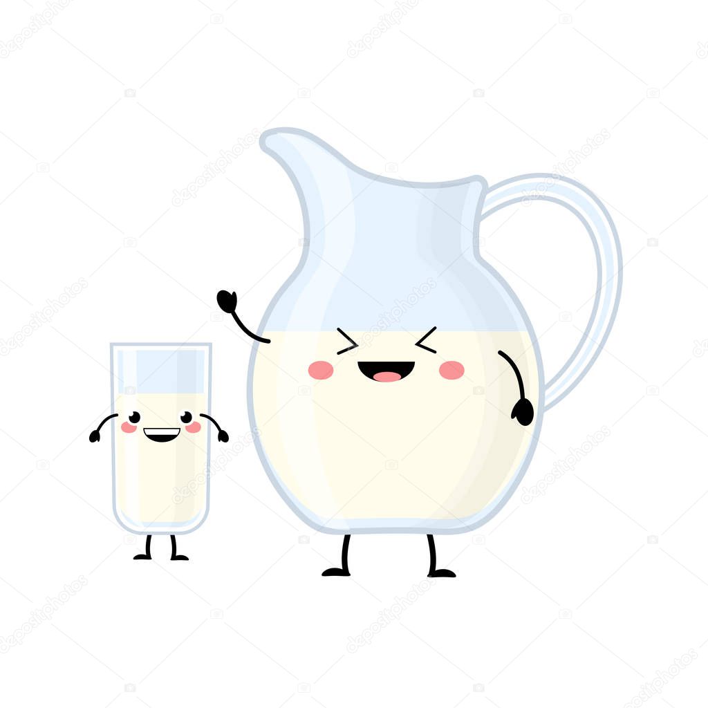 Milk jug and glass vector characters isolated on white backgroun