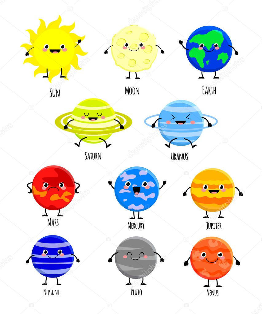 Cute cartoon solar system planets vector illustration isolated o