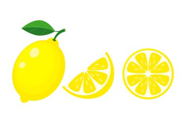 Colorful whole, half and slice lemon with green leaf. Vector ill clipart