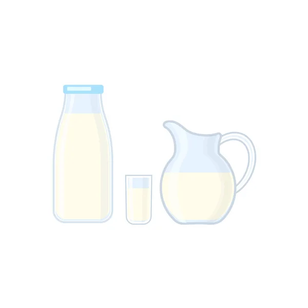 Butelka, szkło i dzbanek z mleka wektor ilustracja na białym tle na — Wektor stockowy