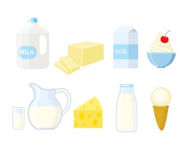 Süt ürünlerinde farklı düz bir çözüm kümesi. Vektör illustra