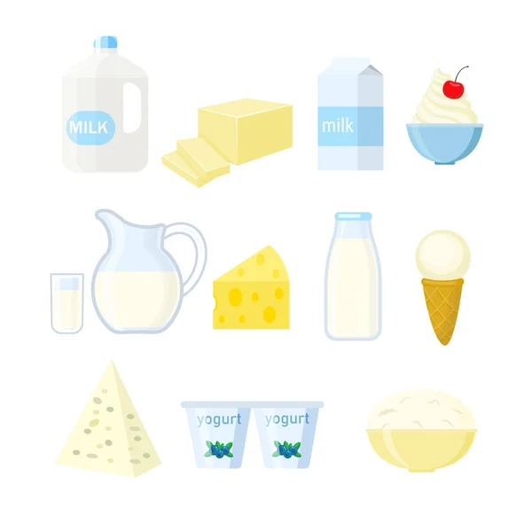 Conjunto de diferentes productos lácteos en un stule plano. Vector ilustra — Vector de stock