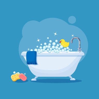 Bathtub full of soap foam bubbles with  blue towel, rubber yellow duck, sponge and bar of soap   in a cartoon flat style vector illustration isolated on blue backround. clipart