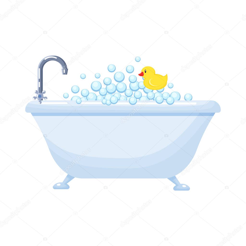 Bathtub full of soap foam bubbles with  yellow  rubber  duck in a cartoon flat style vector illustration isolated on white backround.