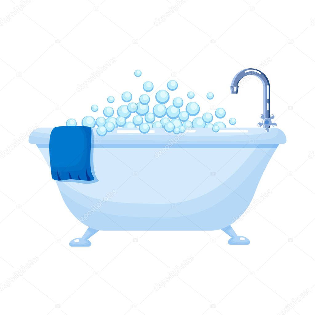 Bathtub full of soap foam bubbles with  blue towel  in a cartoon flat style vector illustration isolated on white backround.