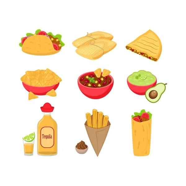 Set of different traditional Mexican food vector illustration isolated on white background. — Stock Vector
