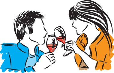 Çift erkek ve kadın ile şarap gözlük illüstrasyon vektör