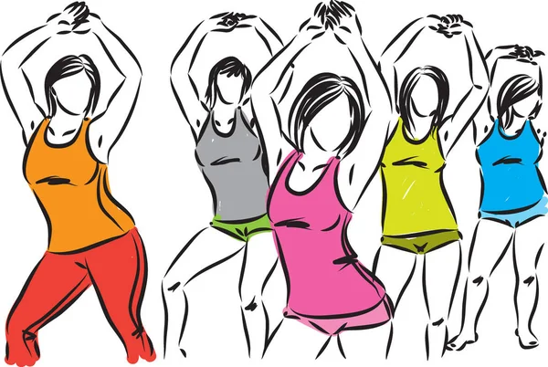 Fitness Grupo Mujeres Bailando Vector Ilustración — Vector de stock