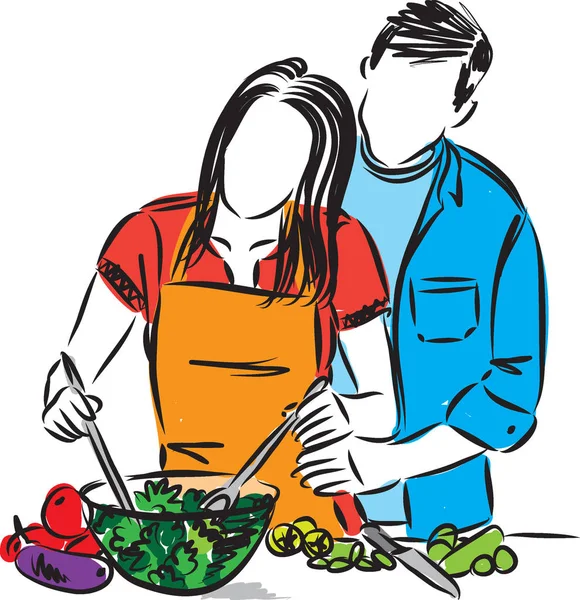 Happy Couple Man Woman Cooking Together Vector Illustration — Stock Vector