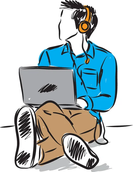 Man Met Hoofdtelefoon Laptop Vectorillustratie — Stockvector