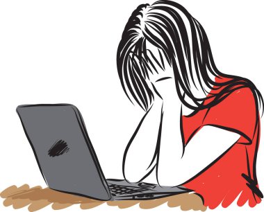Laptop vektör çizim önünde hüzünlü kız