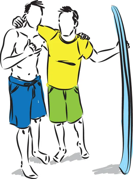 Δύο Άνδρες Φίλοι Μια Σανίδα Του Surf Διανυσματικά Εικονογράφηση — Διανυσματικό Αρχείο