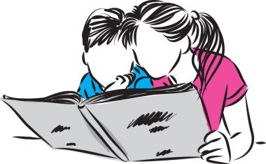 Küçük oğlan ve kız okuma kitap vektör Illustration