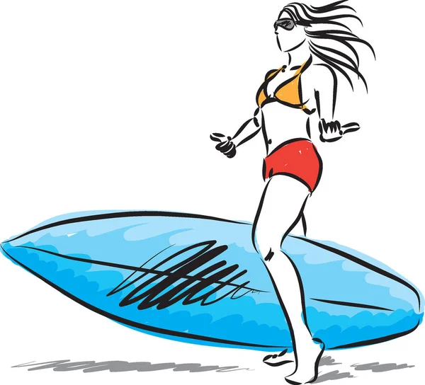 Surfista Chica Con Tabla Surf Vector Ilustración — Vector de stock