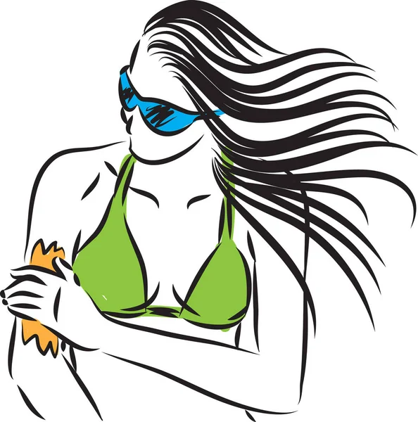 Frau Anwendung Sonnenschutzmittel Vektor Illustration — Stockvektor