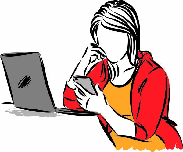 Kadın Cep Telefonuna Dizüstü Bilgisayar Vektör Illüstrasyonuna Bakıyor — Stok Vektör