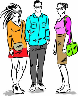 moda gençleri kıyafet vektör illüstrasyonunu modelliyor