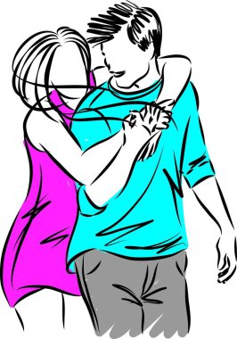 Şirin bir çift, vektör illüstrasyonuna sarılıyor.