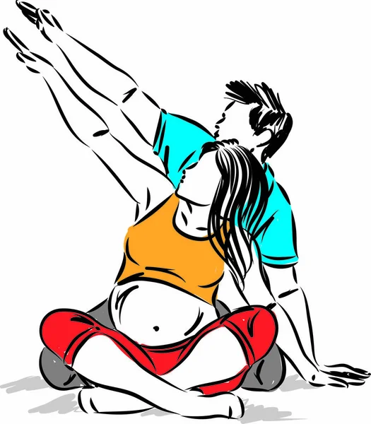 Zwanger Moeder Met Man Vader Fitness Concept Stretching Vector Illustratie — Stockvector