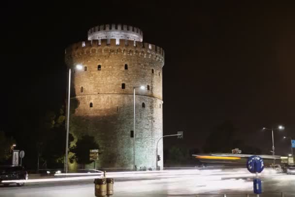 Tesalónica Grecia Torre Blanca Noche Lapso Tiempo Punto Referencia Ciudad — Vídeos de Stock