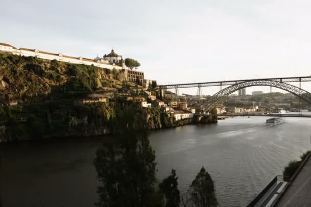 Porto Portugal Dom Luis Bridge View Douro River Evening Time — Stock Video