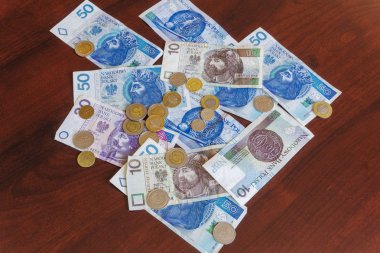 Polonya Zlotisi - zl para banknot ve madeni paralar. Groszy bronz ve nikel para tablo ile 10, 20 ve 50 Zlotisi kambiyo banknottan Polonya resmi para birimi.