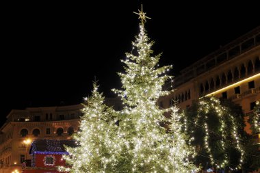 Thessaloniki, Greece Christmas 2018 decorations at Aristotelous square. Night view of the main illuminated tree at the central city square. clipart