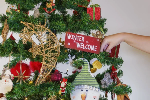 Ornamenti Stagionali Appesi Mano Femminile Albero Natale Con Luci Decorazioni — Foto Stock