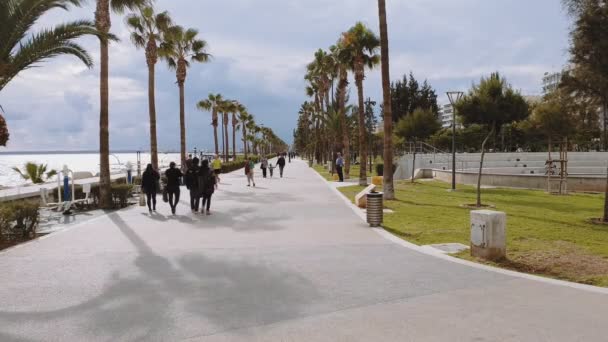 Limassol Zypern Dezember 2018 Küstenpromenade Tagesansicht Menschenmenge Auf Der Fußgängerzone — Stockvideo