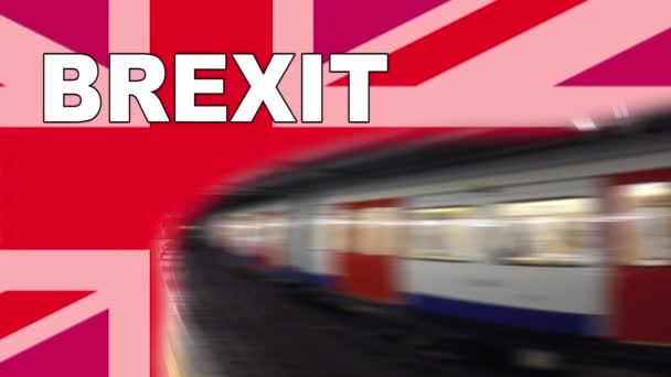 Brexit Logo animiertes Videokonzept mit Flagge und Titel. ein verschwommener U-Bahn-Ausgang mit Ton, während die Gap  Brexit-Titel über der britischen Flagge mit roter Tönung überlagert sind.