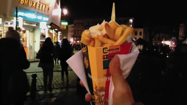 Brussels Belgium January 2016 Hand Holding Cone Belgian Fries Spilled — Stock Video