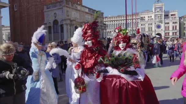 Venice Italië Februari 2019 Carnaval Masker Kostuum Poses San Marco — Stockvideo