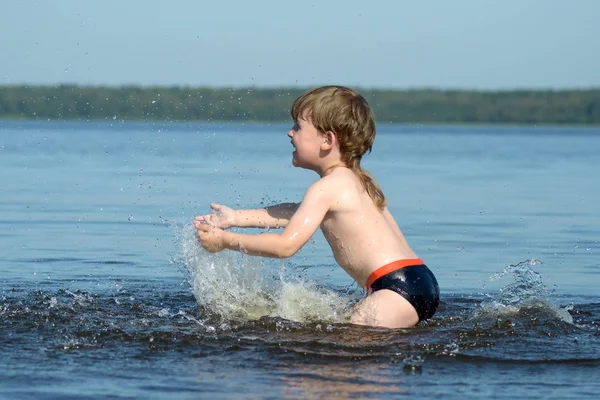 Kid Lake Boy Happy Swim Lake Hot Summer Day — Stock Photo, Image