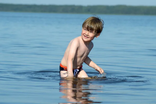 Kid Lake Boy Happy Swim Lake Hot Summer Day — Stock Photo, Image