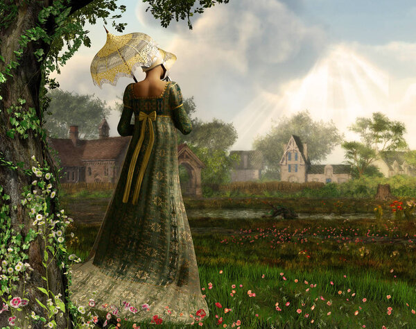 Rendered image of an elegant Jane Austen style woman strolling the countryside, Regency dress