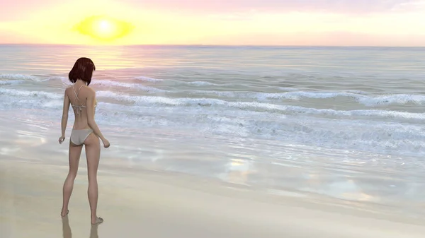 Женщина в бикини на пляже смотрит на закат — стоковое фото