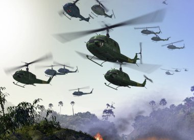 Huey askeri bir orman ortamı Vietnam Savaşı sırasında uçan helikopter. 3D render illüstrasyon