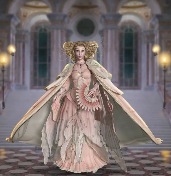 美しい女性 彼女の最初のダンスに宮殿を通して彼女の方法上のビンテージ ウエディング ドレスのようなお姫様 レンダリング図 — ストック写真